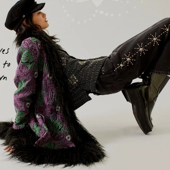 Free People Anna Sui Jacquard Faux Fur Jacket Size/L - Picture 3 of 9